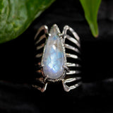 Teardrop Moonstone ring in silver bezel and prongs setting with sterling silver skeleton multi wrap band