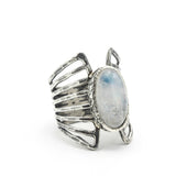 Oval Moonstone ring in silver bezel setting with sterling silver skeleton multi wrap band