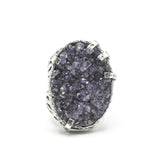 Purple Brazilian raw druzy ring in silver bezel and prongs setting with sterling silver skeleton band