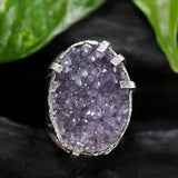 Purple Brazilian raw druzy ring in silver bezel and prongs setting with sterling silver skeleton band