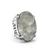 Gray druzy ring in silver bezel and prongs setting with sterling silver skeleton multi wrap band