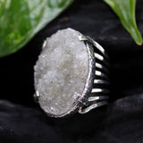 Gray druzy ring in silver bezel and prongs setting with sterling silver skeleton multi wrap band