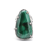 Malachite gemstone ring in silver bezel and prongs setting with skeleton hammered texture band