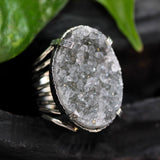 Black Brazilian druzy ring in silver bezel and prongs setting with sterling silver skeleton band