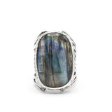 Rectangle Labradorite ring in silver bezel setting with sterling silver skeleton multi wrap band