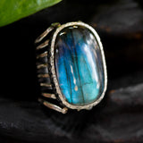 Rectangle Labradorite ring in silver bezel setting with sterling silver skeleton multi wrap band