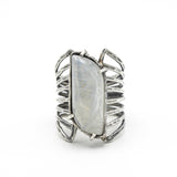 Cabochon leaf shape Moonstone ring in silver bezel and prongs setting with sterling silver skeleton multi wrap band