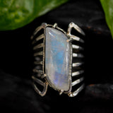 Cabochon leaf shape Moonstone ring in silver bezel and prongs setting with sterling silver skeleton multi wrap band