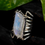 Cabochon leaf shape Moonstone ring in silver bezel and prongs setting with sterling silver skeleton multi wrap band