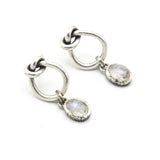 Oval moonstone with silver teardrop knot design stud earrings on sterling silver post and backing