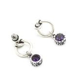 Faceted round Amethyst with silver teardrop knot design stud earrings on sterling silver post and backing