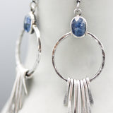 Oval Blue kyanite earrings with silver circle and finger drops on sterling silver hooks style