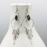 Black onyx earrings with silver circle and finger drops on sterling silver hooks style