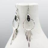 Black onyx earrings with silver circle and finger drops on sterling silver hooks style