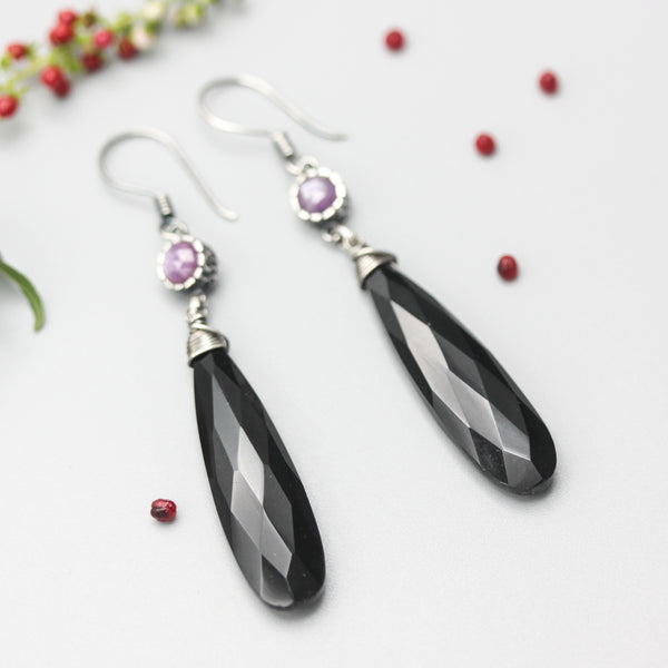 Black onyx teardrop faceted earrings with Pink sapphire on oxidized sterling silver hooks style