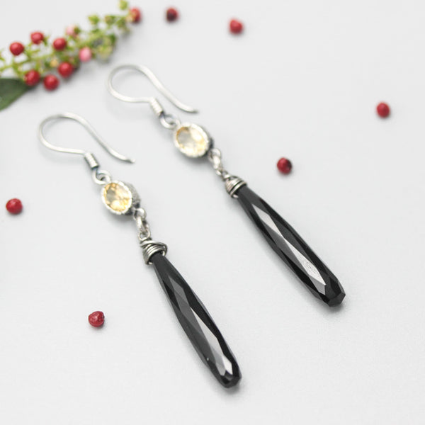 Black onyx earrings with Citrine on oxidized sterling silver hooks style