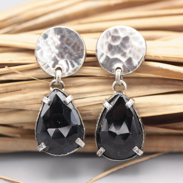 Teardrop Black onyx stud earrings and silver circle shape hammer texture with sterling silver post and backing