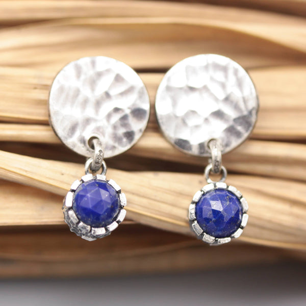Lapis lazuli stud earrings and silver circle shape hammer texture with sterling silver post and backing