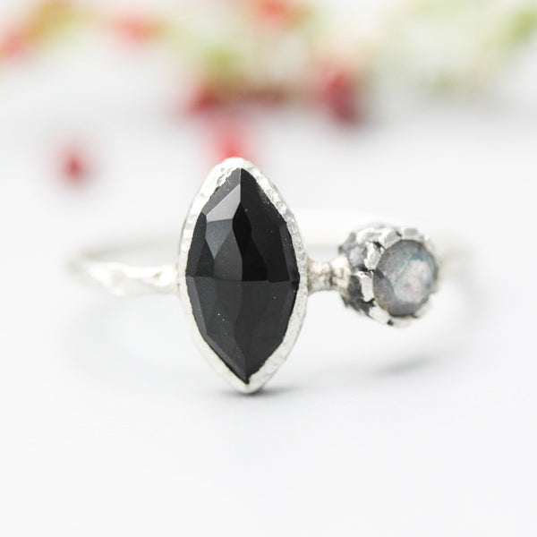 Marquise faceted Black Onyx ring with Labradorite on sterling silver hard texture band