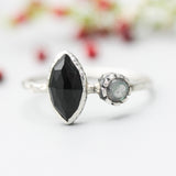 Marquise faceted Black Onyx ring with Labradorite on sterling silver hard texture band