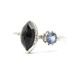 Marquise faceted Black Onyx ring with Blue sapphire on sterling silver hard texture band