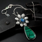 Teadrop Malachite pendant necklace with Labradorite in silver flower on sterling silver chian