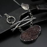 Large brown Druzy pendant necklace with silver leaf on the side on sterling silver chain