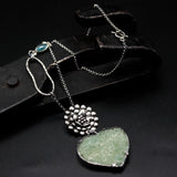 Green Druzy in Heart shape pendant necklace with silver flower on sterling silver chain