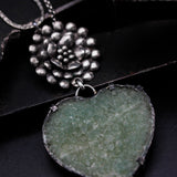Green Druzy in Heart shape pendant necklace with silver flower on sterling silver chain