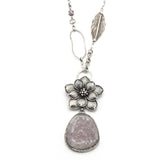 Triangle gray druzy pendant necklace with silver flower shape on sterling silver chain