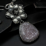 Triangle gray druzy pendant necklace with silver flower shape on sterling silver chain