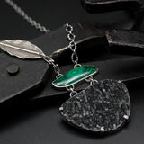 Large Black druzy pendant necklace with Malachite gemstone and sterling silver chain