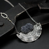 Black druzy pendant necklace in silver bezel and prongs setting with silver fan on sterling silver oxidized chain