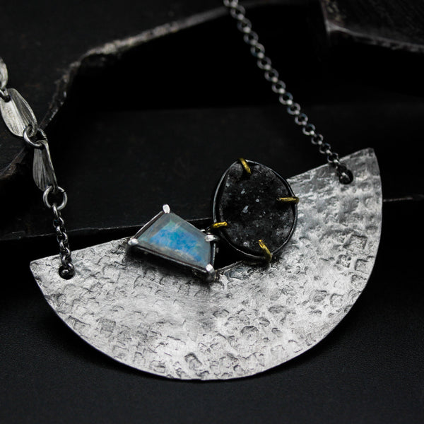 Black druzy, Moonstone pendant necklace in bezel and prongs setting with silver fan engraving textured on sterling silver chain
