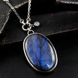 Blue labradorite pendant necklace in silver bezel setting with oxidized sterling silver chain