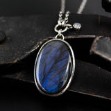 Blue labradorite pendant necklace in silver bezel setting with oxidized sterling silver chain