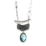 Silver leaf pendant necklace with Labradorite gemstone and large Druzy quartz on sterling silver chain