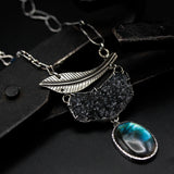 Silver leaf pendant necklace with Labradorite gemstone and large Druzy quartz on sterling silver chain