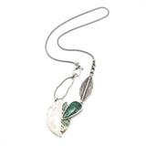 Teadrop Malachite pendant necklace and kyanite, moonstone with silver fan shape on sterling silver chian