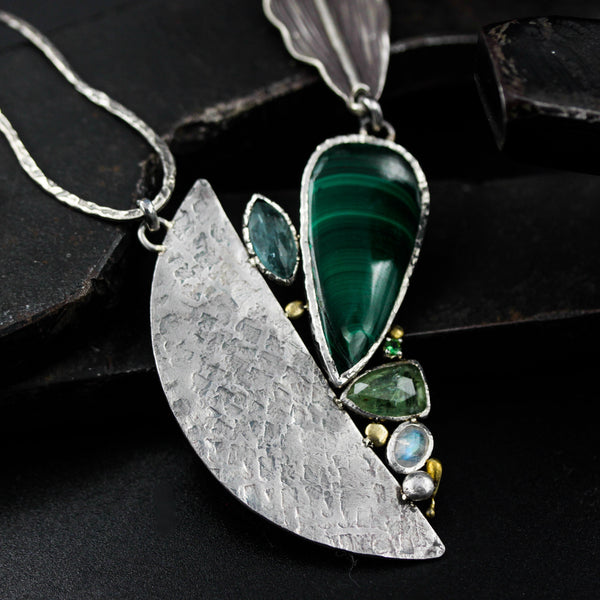 Teadrop Malachite pendant necklace and kyanite, moonstone with silver fan shape on sterling silver chian