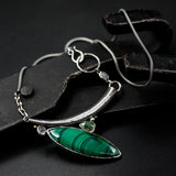 Marquise Malachite pendant necklace and green kyanite, moonstone with silver tube on sterling silver oxidized chain