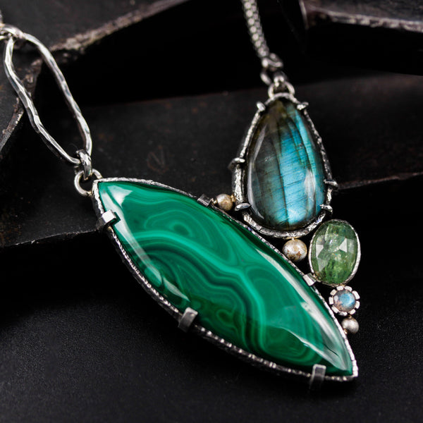 Marquise Malachite pendant necklace with teardrop Labradorite, mint kyanite and tiny round Labradorite gemstone