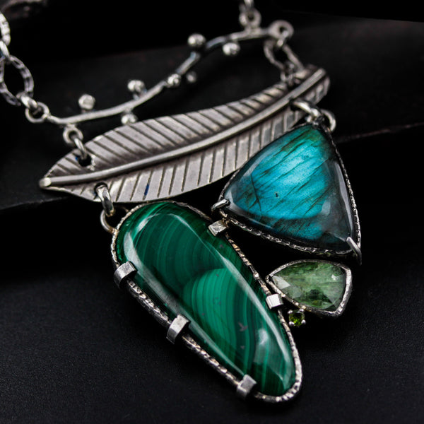 Malachite pendant necklace and silver leaf with Labradorite and kyanite gemstone secondary on sterling silver oxidized chain