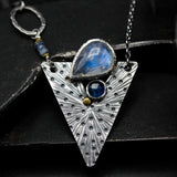 Teardrop Moonstone and blue kyanite pendant necklace in silver bezel setting with engraving technique in silver triangle shape