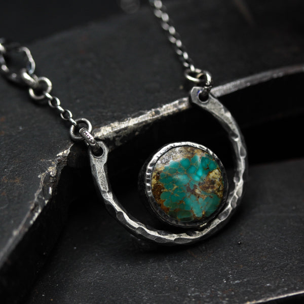 Turquoise pendant necklace with silver circle loop and sterling silver chain