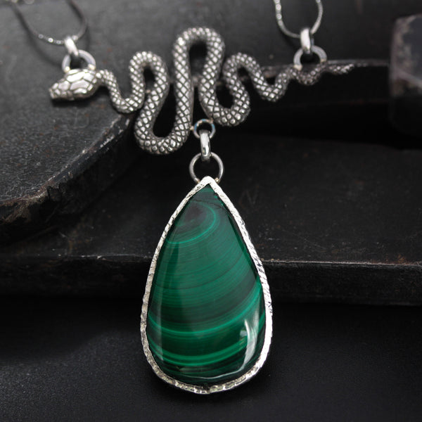 Silver Snake pendant necklace with teadrop Malachite on sterling silver chian