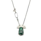 Malachite necklace in silver bezel and prongs setting with silver fan shape on sterling silver oxidized chain