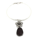 Large teardrop brown Druzy pendant choker necklace with silver flower shape
