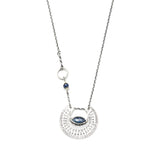 Crescent moon necklace with marquise blue kyanite in silver bezel setting