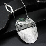 Sterling silver oval engraving folding accordion pendant necklace with triangle green kyanite gemstone